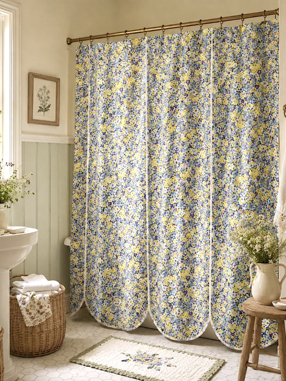 Tommy Hilfiger Cotton Shower Curtain Ditsy Blue Floral 66x70 Cottage Farmhouse